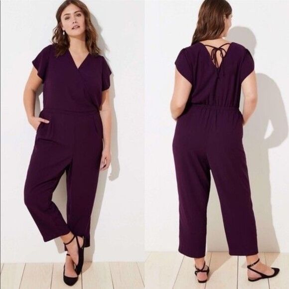 LOFT Pants - Women's Loft Plus Purple Petal Flutter Sleeve Tie Back Jumpsuit Size 20